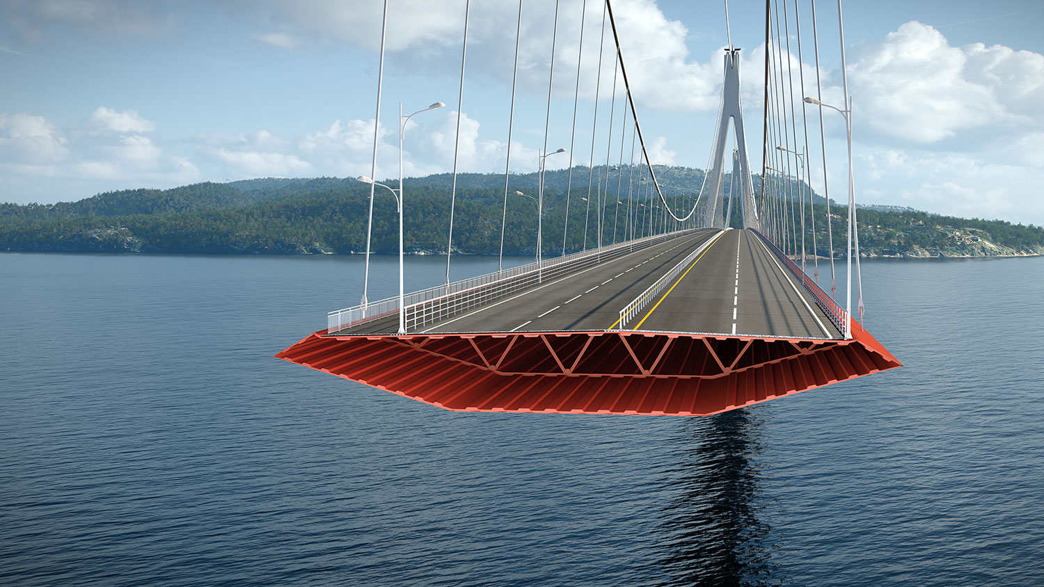 Sectional box suspension bridge on floating foundation